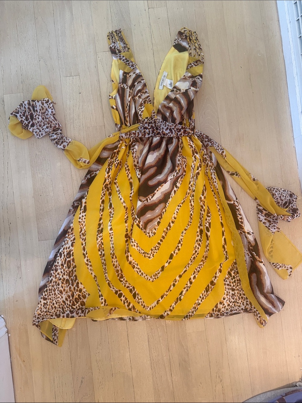 Arden B Yellow and Brown Animal-Print Midi Dress, back tie waist